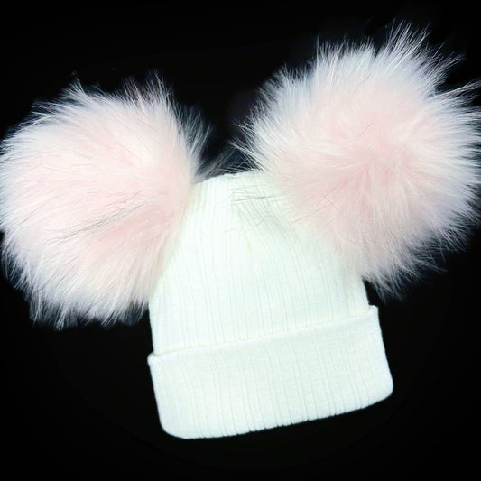 Baby Girls White with Pink Mega Double Pom Hat Faux Fur