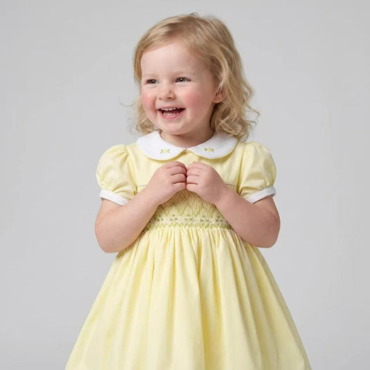 Baby Girl Yellow Cotton Hand Smocked Puff Ball Dress "2610"