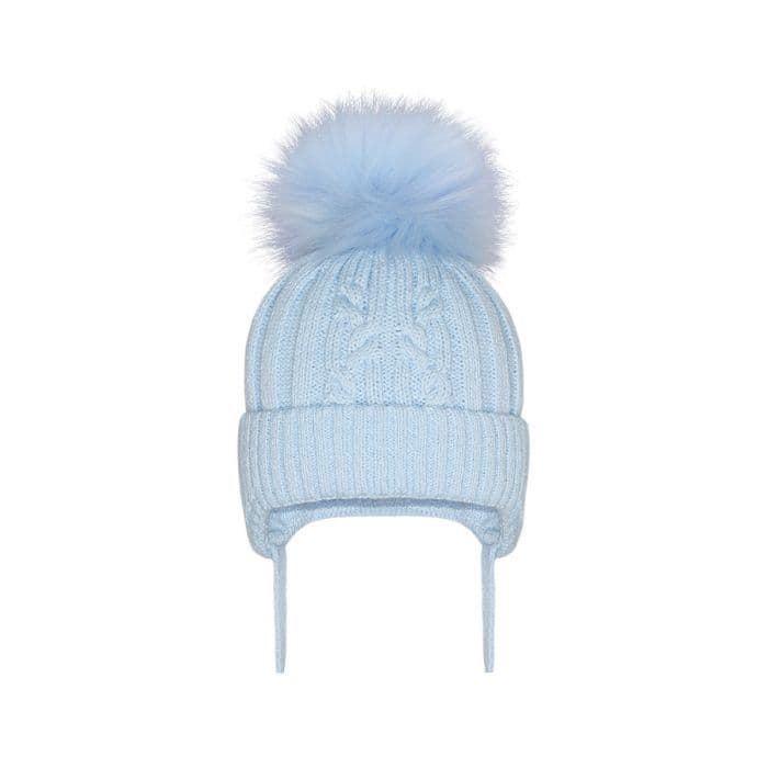 Blue Large Pom Cable Knit Tie Hat