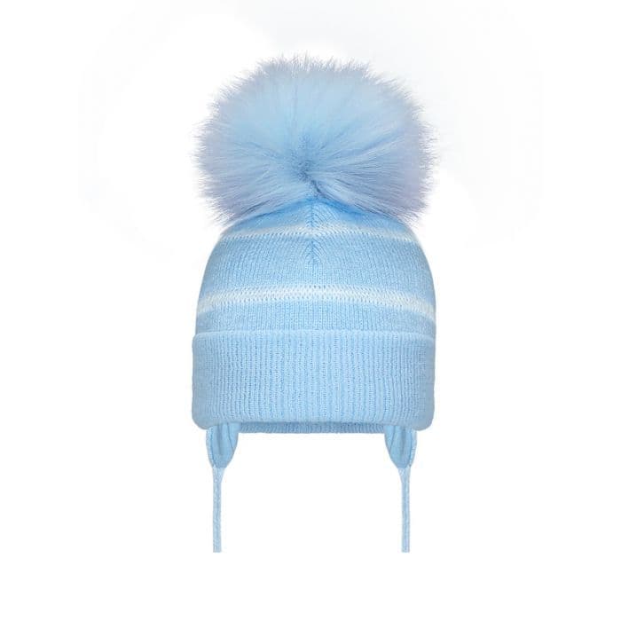 Blue/White Large Fur Pom Striped Turnover Hat with Ties