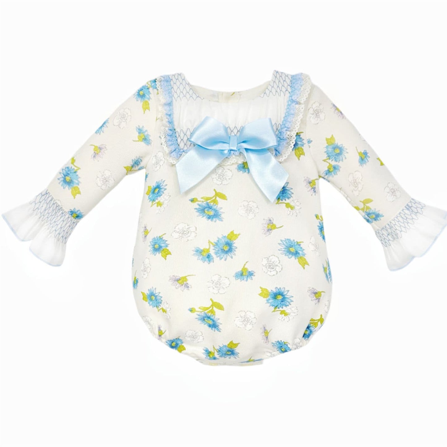 *Clearance* Baby Girl Blue/Cream Floral Smocked Romper "MYDC2468"
