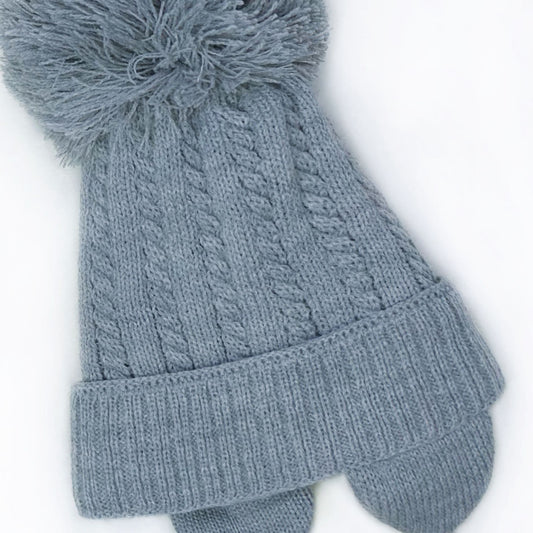 Grey Big Pom Cable Knit Hat with Tie and Ear Flap