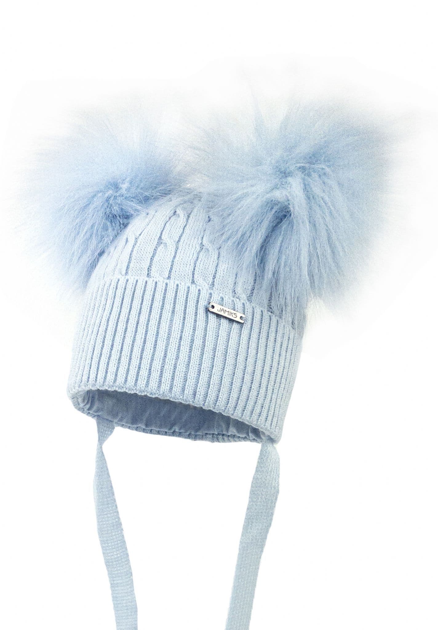 Baby Boys Blue Knitted Hat with Double Fur Pom