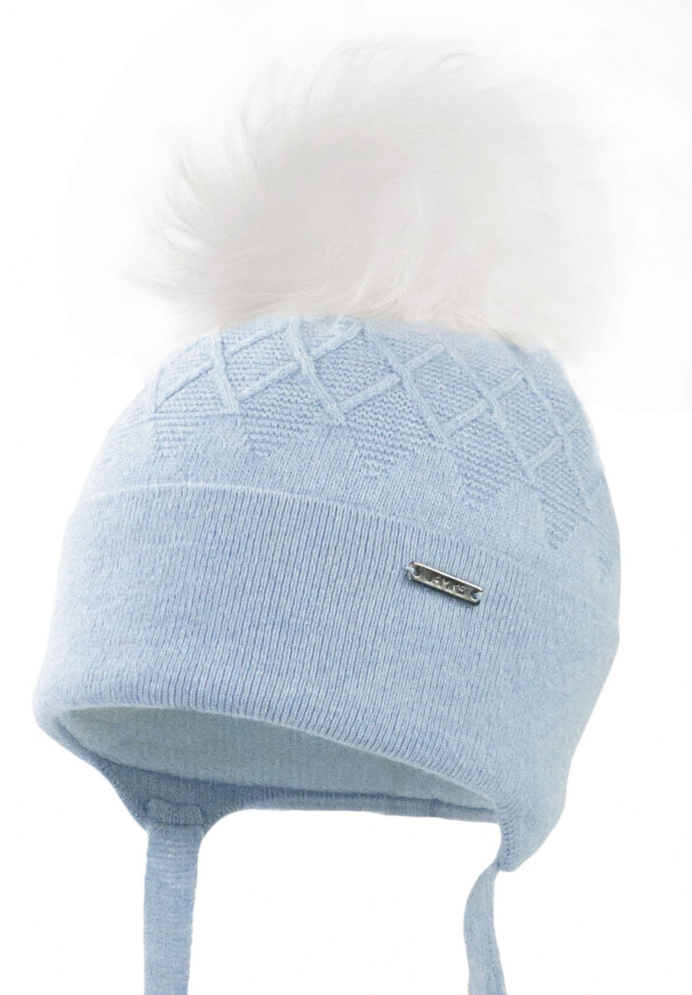 Baby Boys Blue Square Knit Wool Hat with Fur Pom