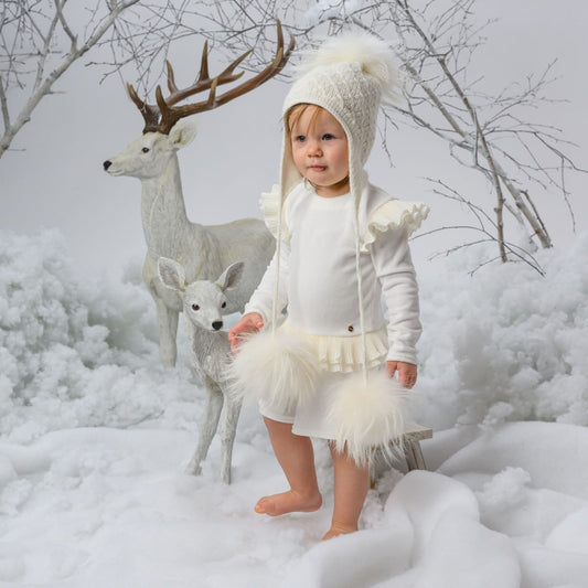 Baby Girls Beige 3 Mega Fur Pom Wool Hat