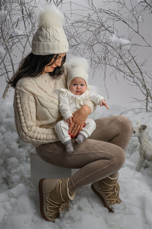 Baby Girls Ivory Wool Hat with Fur Pom