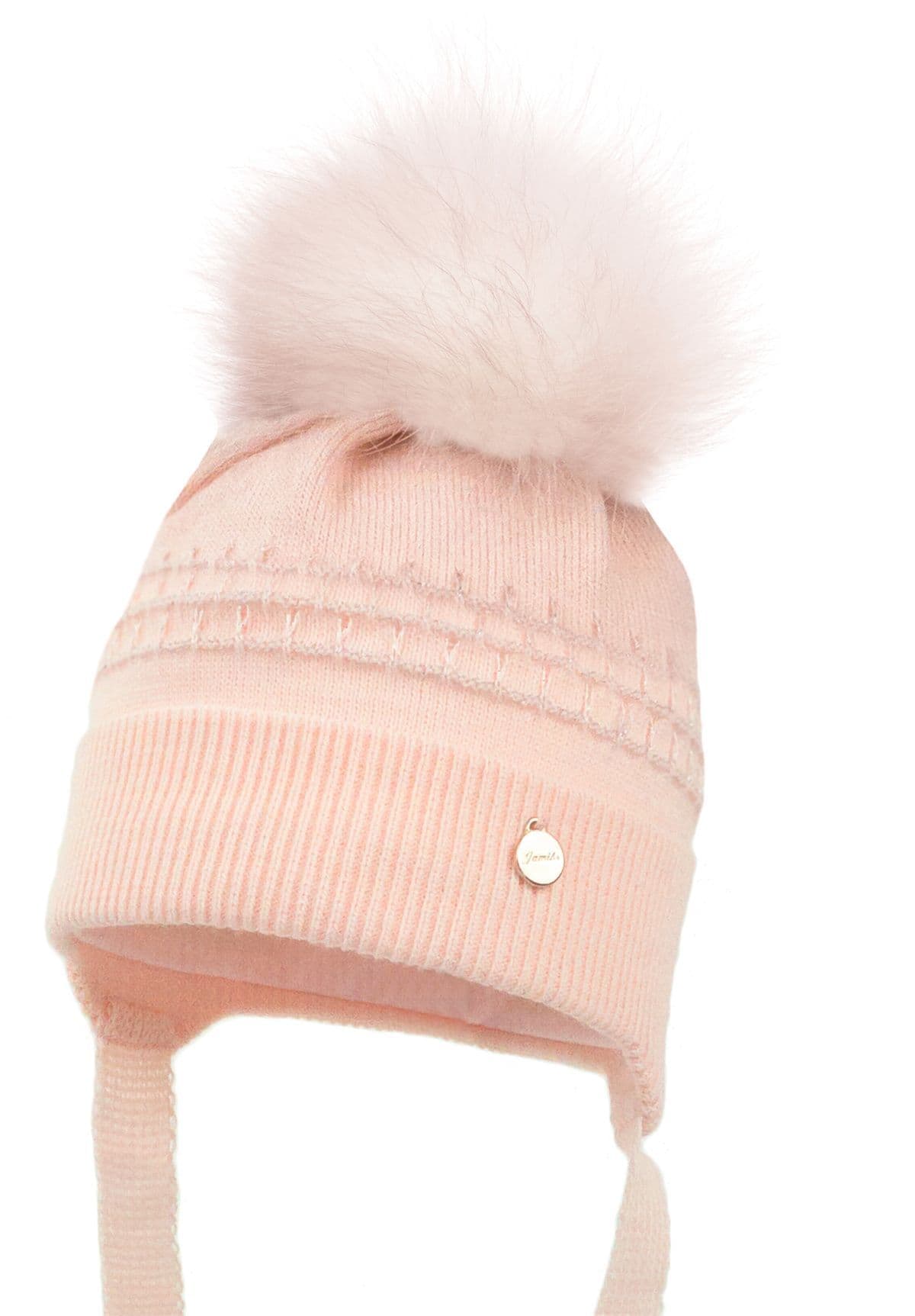 Baby Girls Light Pink Knitted Hat with Fur Pom