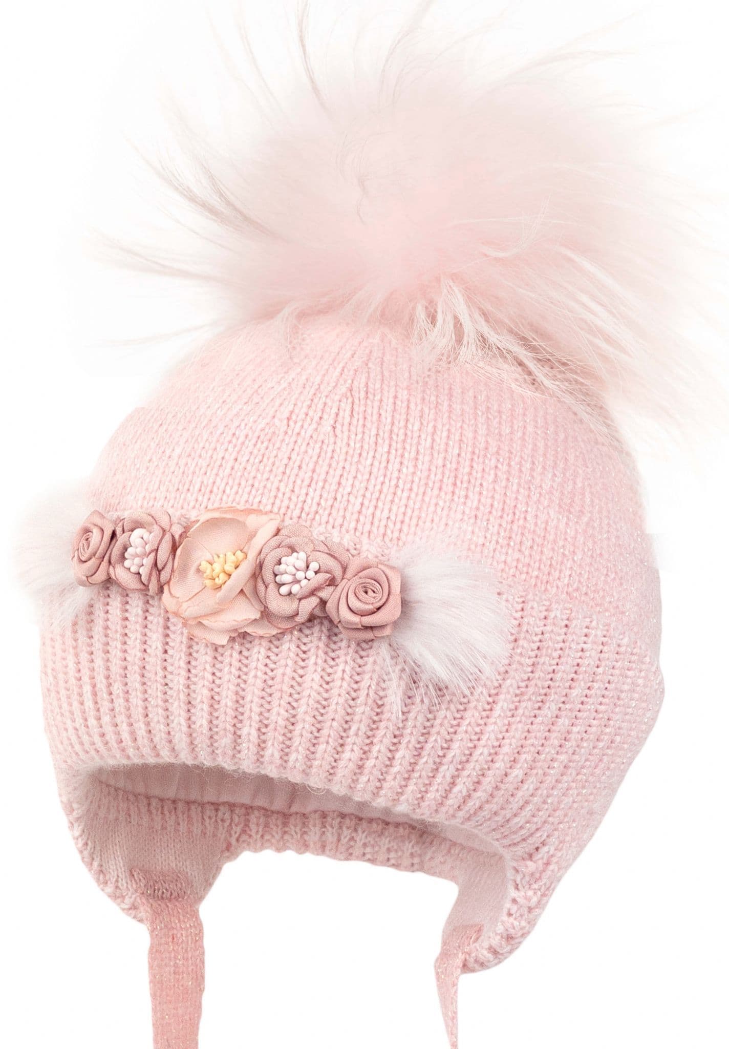 Baby Girls Pink Flower Wool Hat with Fur Pom