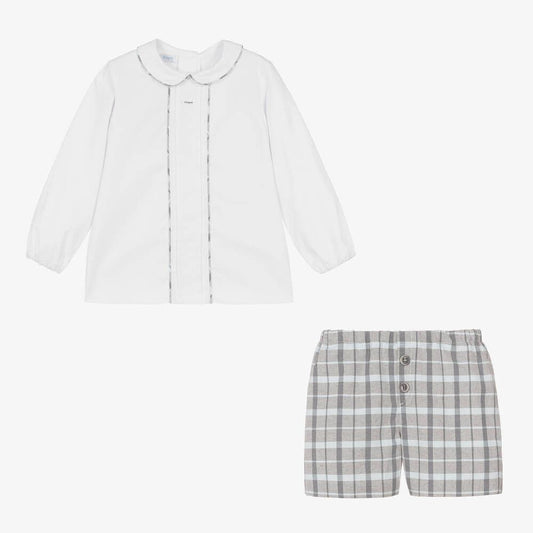 *SAL*E FOQUE Baby Boys White with Grey Checked Shorts Set "2324114"