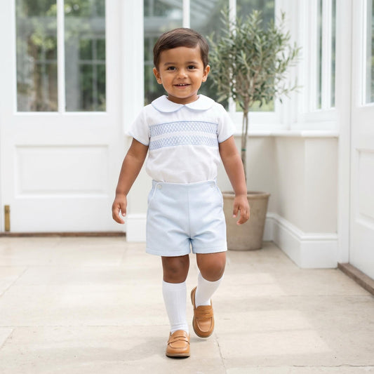 *SALE* Baby Boy Blue Shorts with Smocked Shirt "MYD2336"