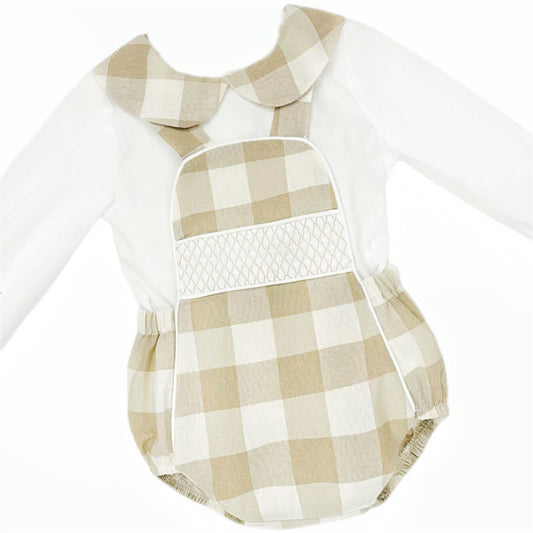 *SALE* Baby Boy Camel Checked Smocked Romper with Shirt "MYDB2469C"