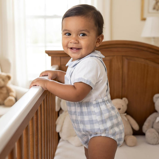 *SALE* Baby Boy Grey Check Smocked Romper with Top "MYD2449G"