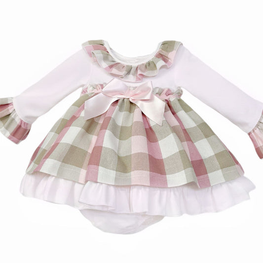 *SALE* Baby Girl Beige Checked Puff Dress with Pants "MYDB2463"