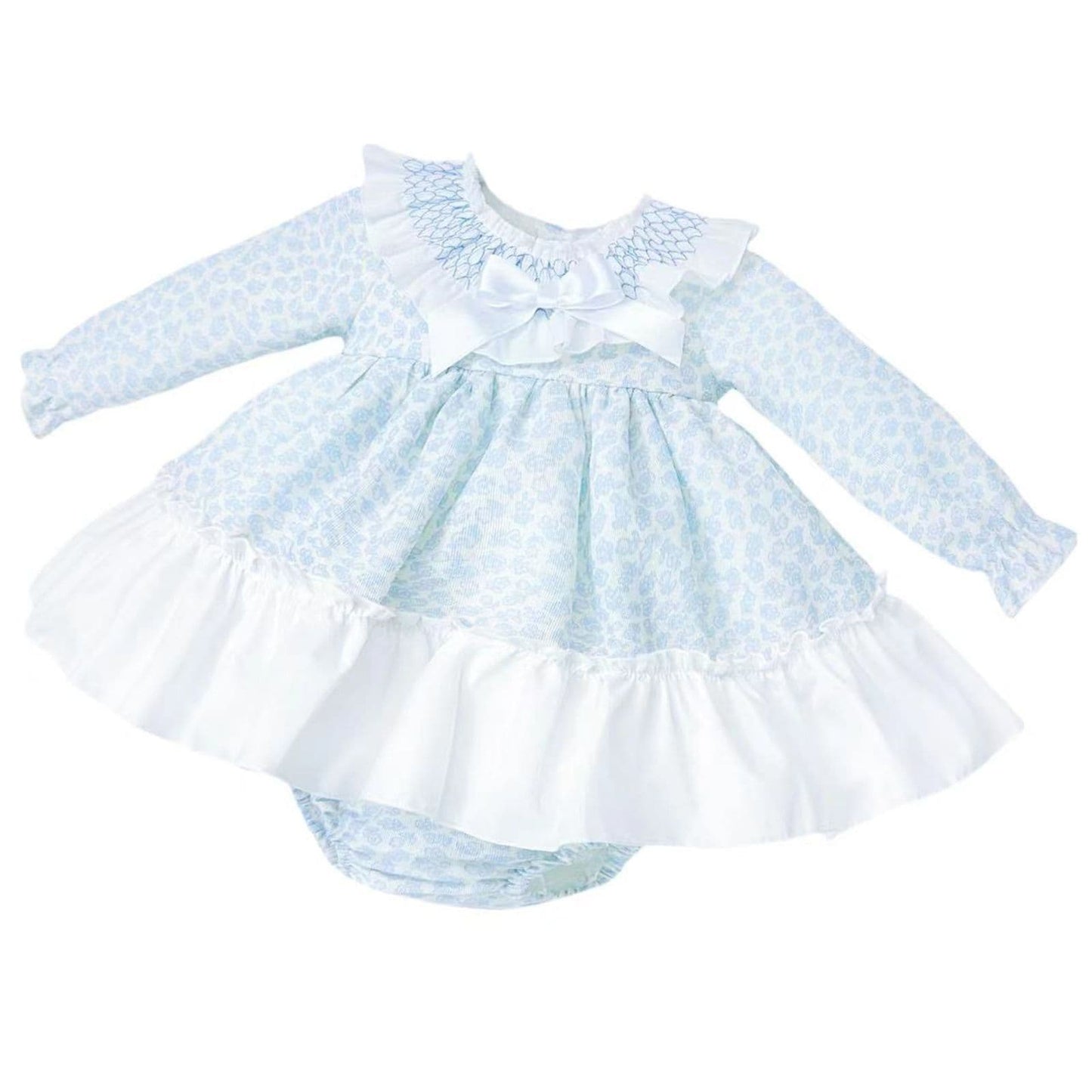 *SALE* Baby Girl Blue Floral Smocked Collar Puff Dress with Pants "MYDB2475B"