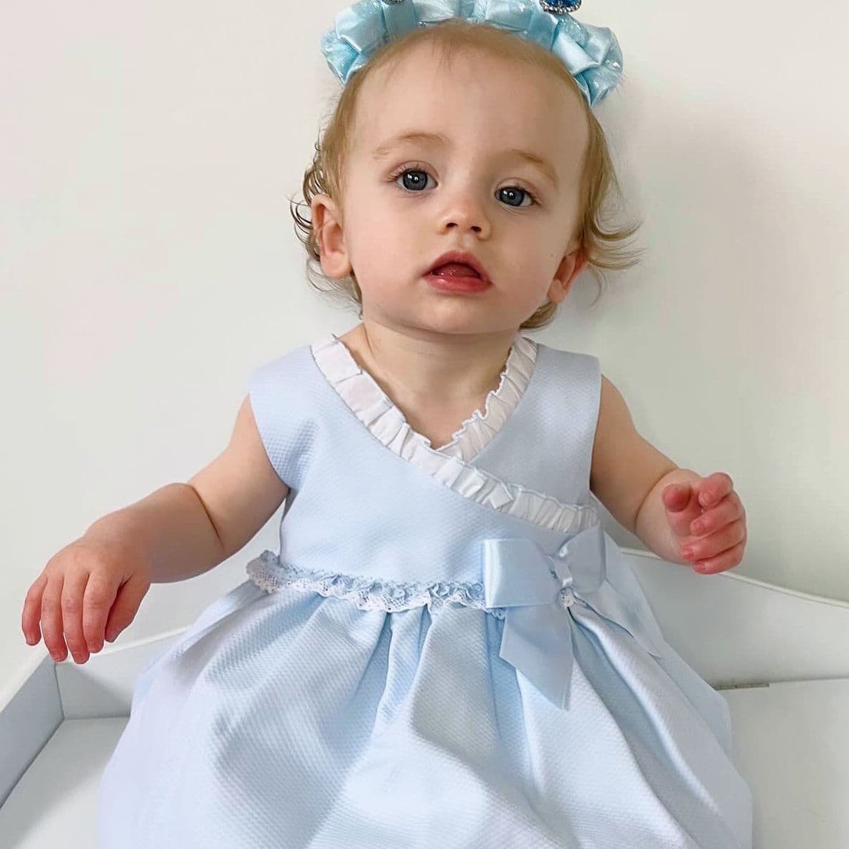 Baby Girls Blue Waffle Puffball Dress & Bloomers Set