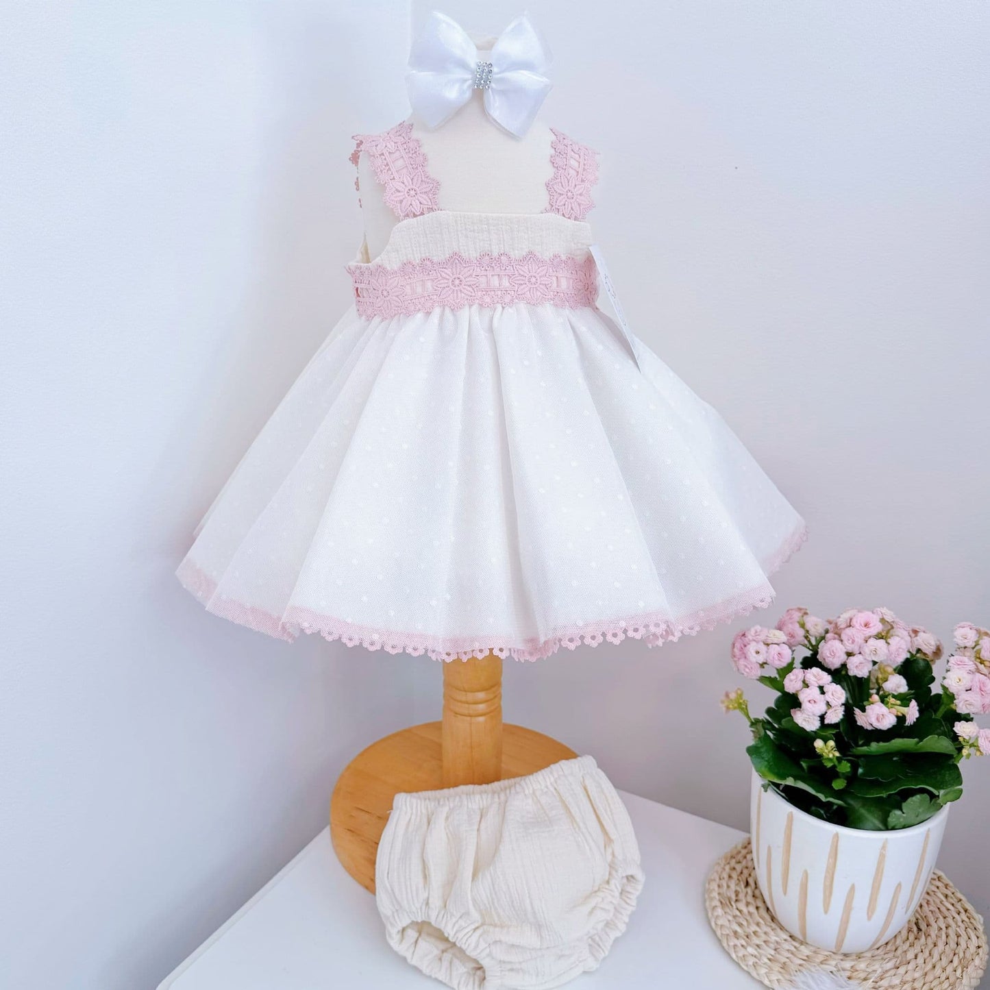 *SALE* Baby Girl Cream&Pink Sheer Puff Ball Dress with Pants "MYD2403"