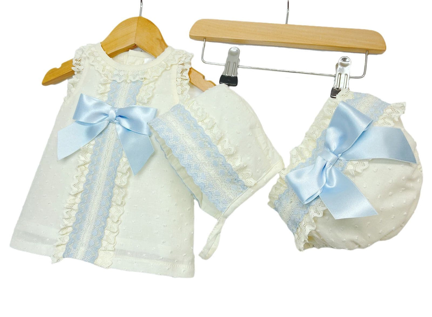 *SALE* Baby Girl Cream Spanish Cream A line Lacey Dress 3 Pieces "P1554 Blue"