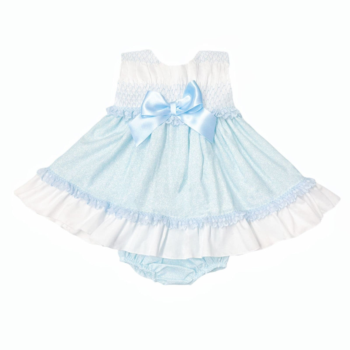 *SALE* Baby Girl Pale Blue Floral Smocked Puff Dress with Pants "MYD2484"