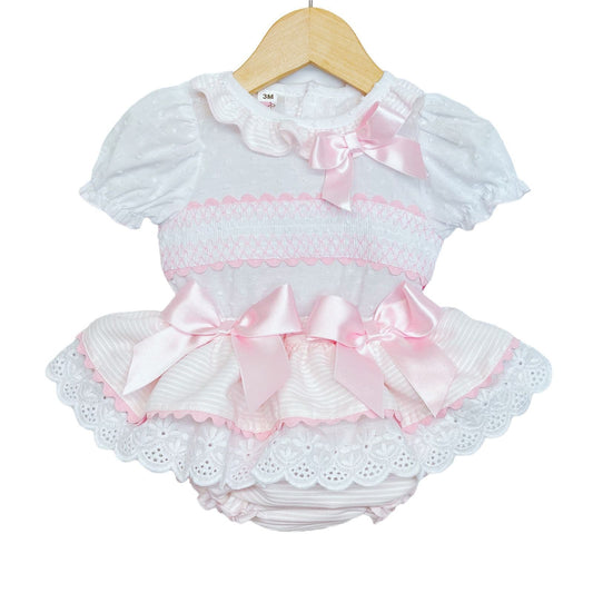 *SALE* Baby Girl Pink Frilly Skirt with Smocked Shirt Satin Bows "MYD2203"