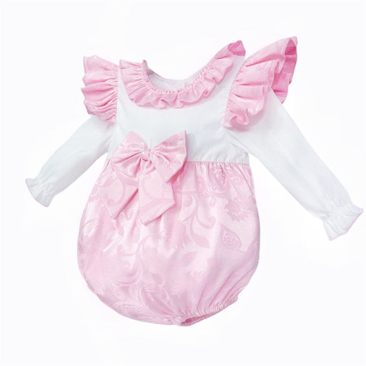*SALE* Baby Girl Pink Jacquard Bow Romper Frilly Shoulder "2414"