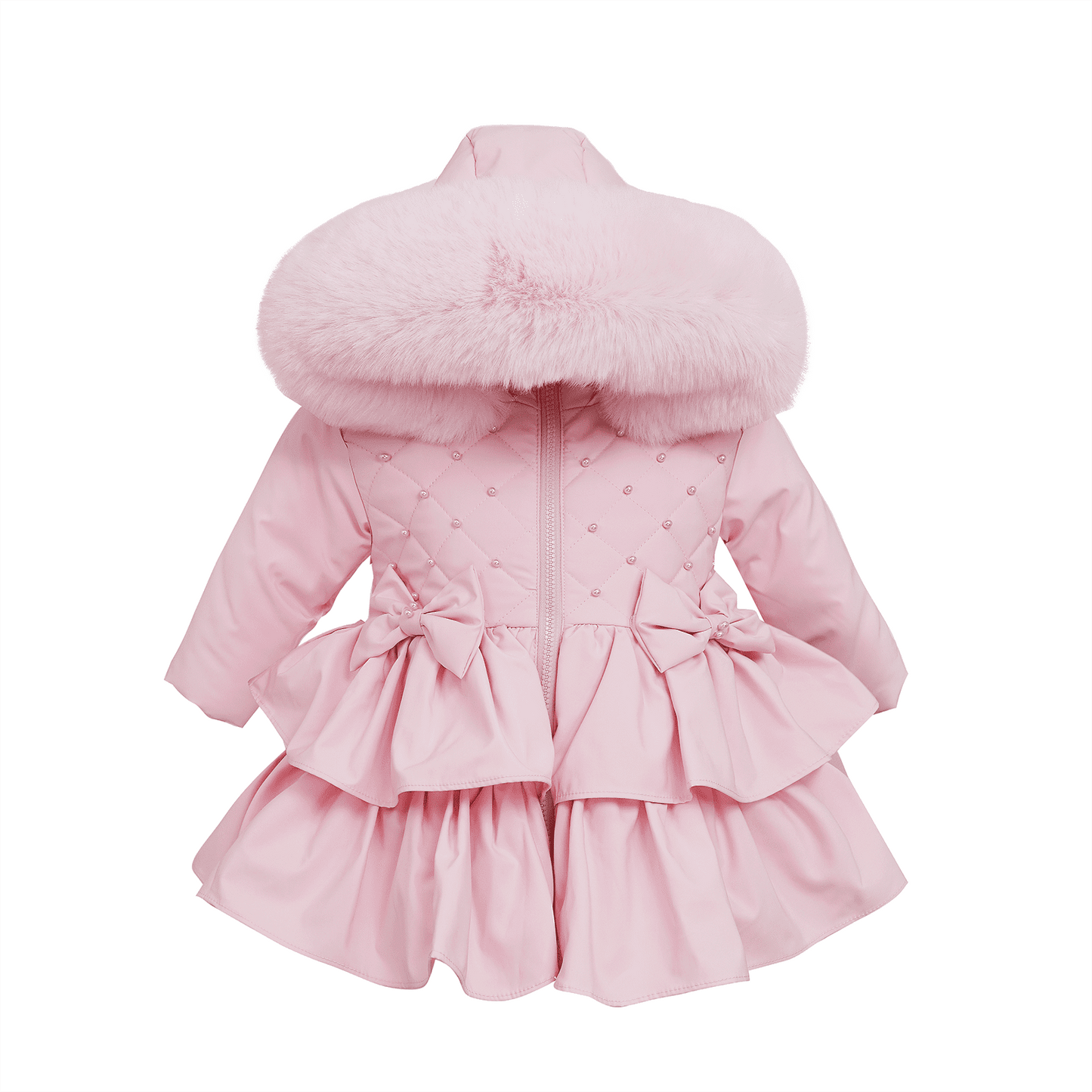 *SALE* Baby Girl Pink Puffer Coat Frilly Bottom Faux Fur Hood "MYD407 Pink"