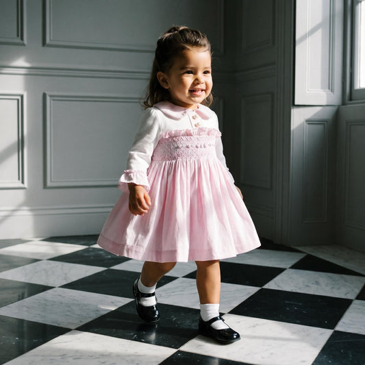 *SALE* Baby Girl Pink Velour Hand Smocked Pearl Dress "2428"