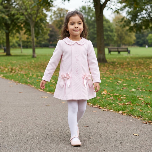 *SALE* Baby Girl Pink Waffle Dress Embroidery and Satin Bows "2531"