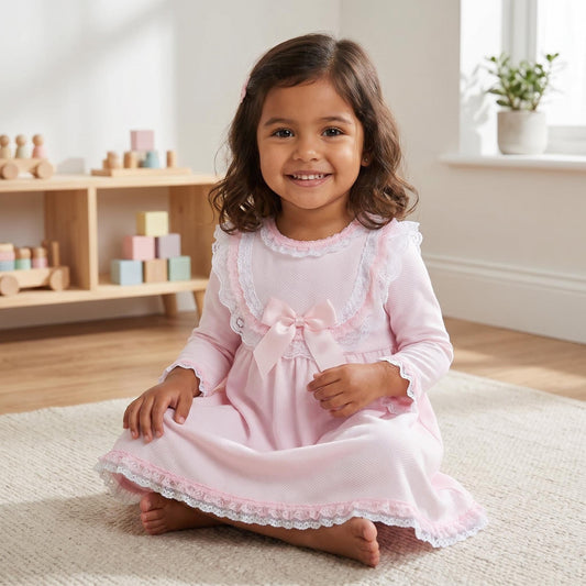 SALE" Baby Girl Pink Waffle Dress with Satin Bow Lace Details "2530
