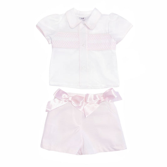 *SALE* Baby Girl Pink Waffle Shorts with Smocked Shirt "MYD2332"