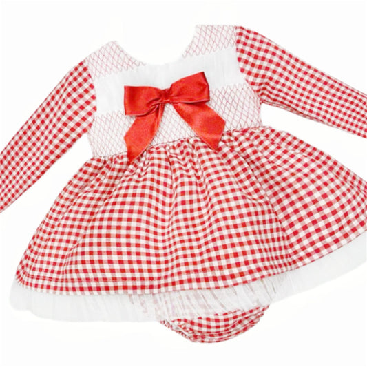 *SALE* Baby Girl Red Gingham Smocked Puff Dress with Pants "MYDB2471R"