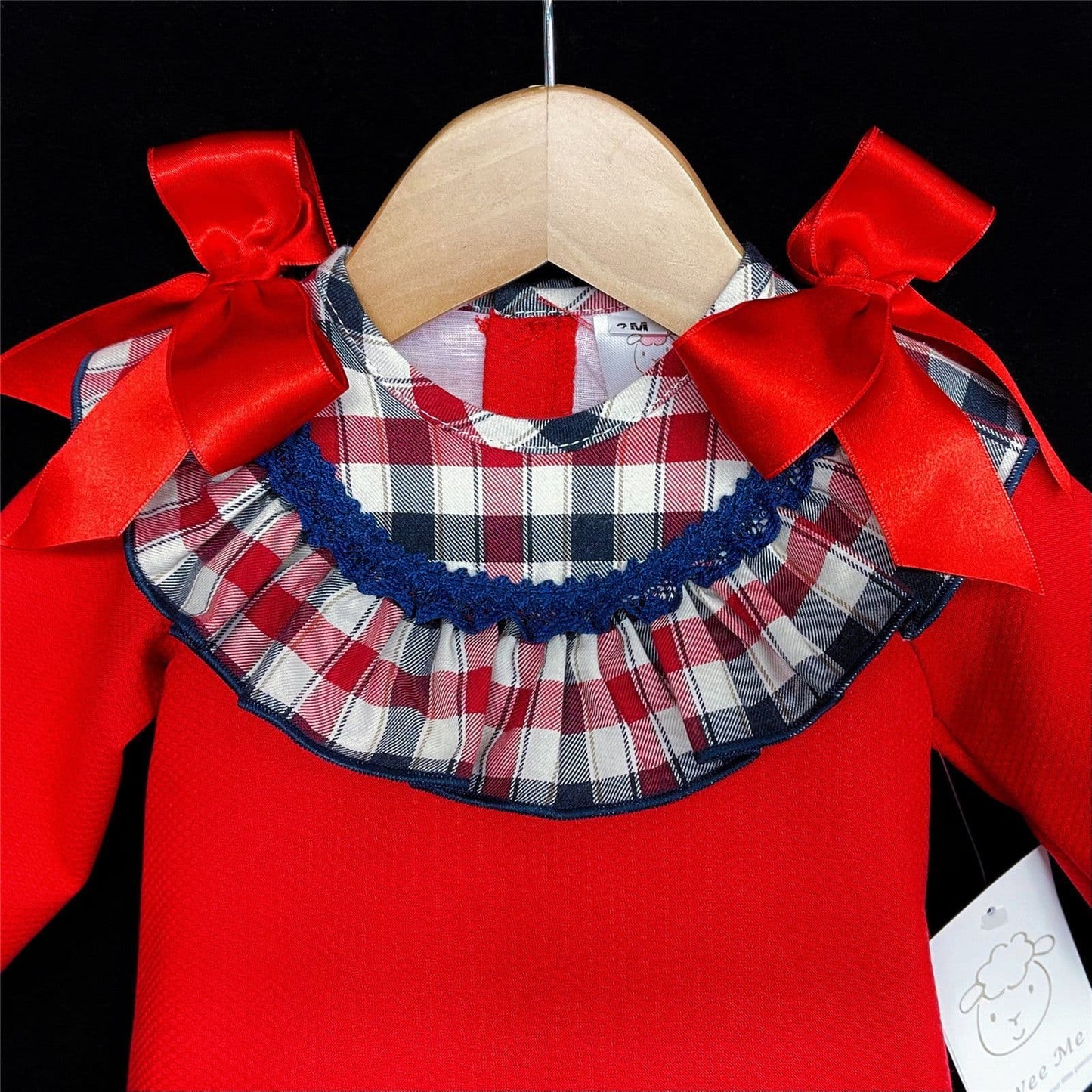 *SALE* Baby Girl Red Waffle Dress Checked Collar Shoulder Bow "MYD860"