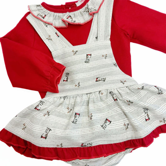 *SALE* Baby Girl Red with Grey Puppy Print Pinafore with Top "MYD231"