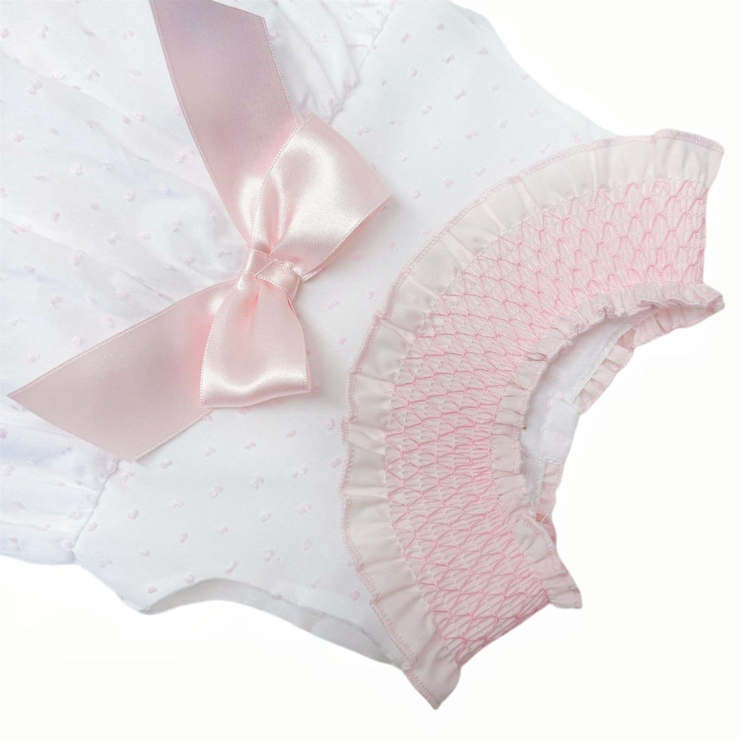 *SALE* Baby Girl White/Pink Plumetis Smocked Romper "MYD2417P"