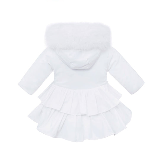 *SALE* Baby Girl White Puffer Coat Frilly Bottom Faux Fur Hood "MYD407 White"