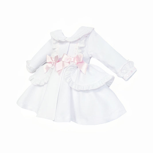 *SALE* Baby Girl White Waffle Puff Ball Frilly Jacket Pink Bow "ABR003WP"