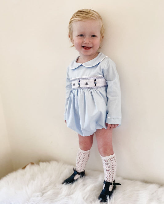 *SALE* Blue Boys Smocked Soilder Embroidery Romper "MYDE003"