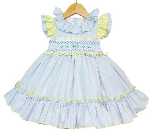 *SALE* Blue with Yellow Hand Smocked Puff Ball Dress Knee Length 2251 Yellow"