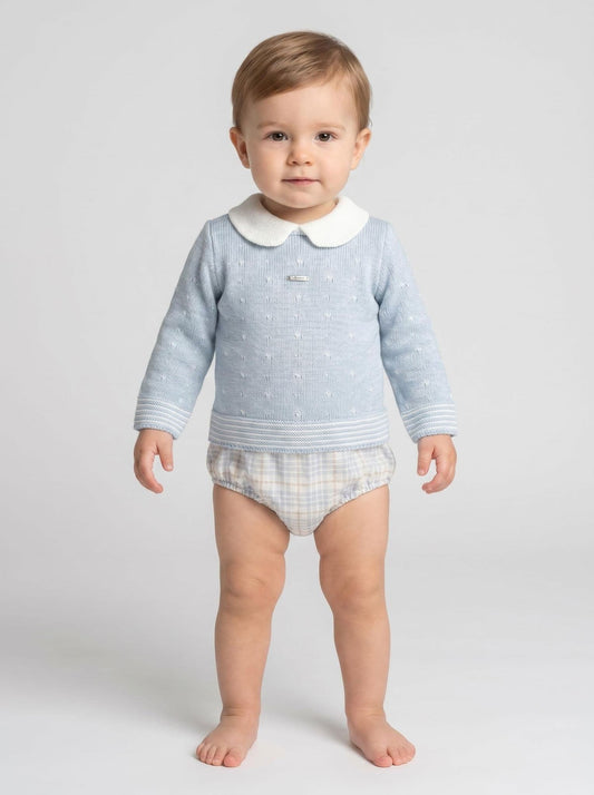*SALE* FOQUE Baby Boys Misty Blue Knitted Top & Checked Bloomers Set "2424205"