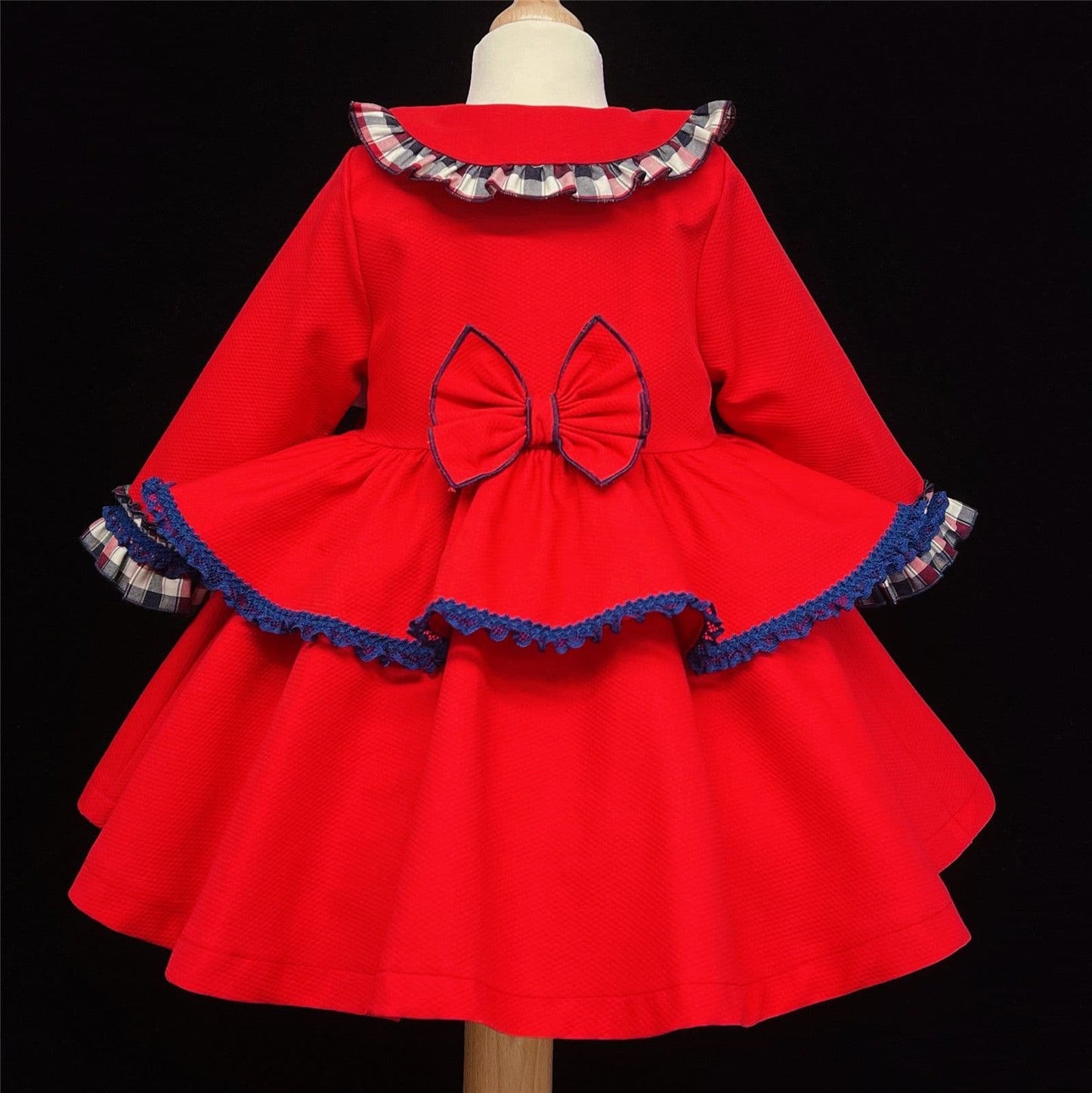 *SALE* Red Navy Checked Waffle Puff Ball Frilly Jacket Satin Bows "MYD866"