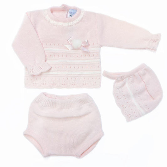 *SALE* SARDON Baby Girl Pink Knitted Pom Romper Set with Bonnet