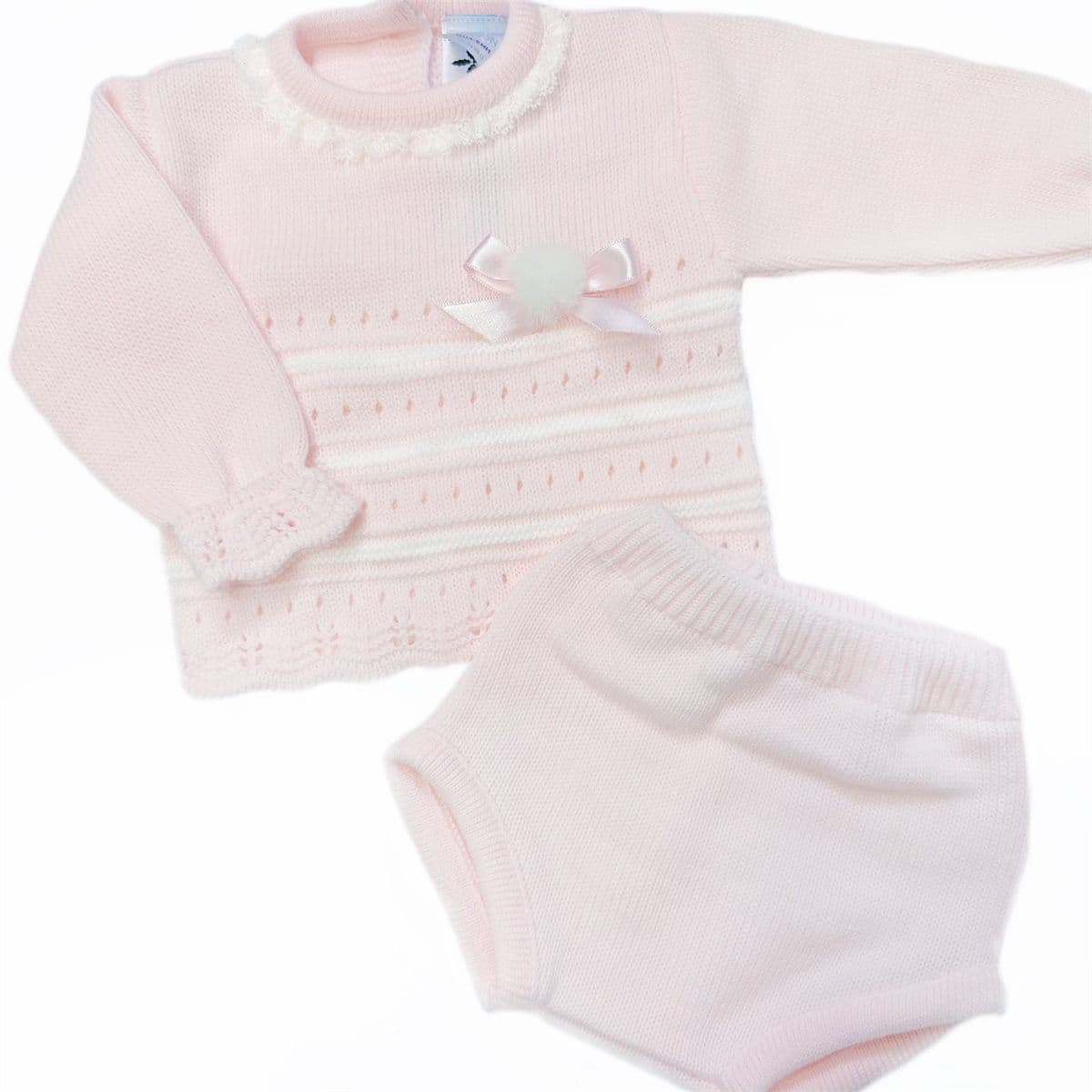 *SALE* SARDON Baby Girl Pink Knitted Pom Romper Set with Bonnet