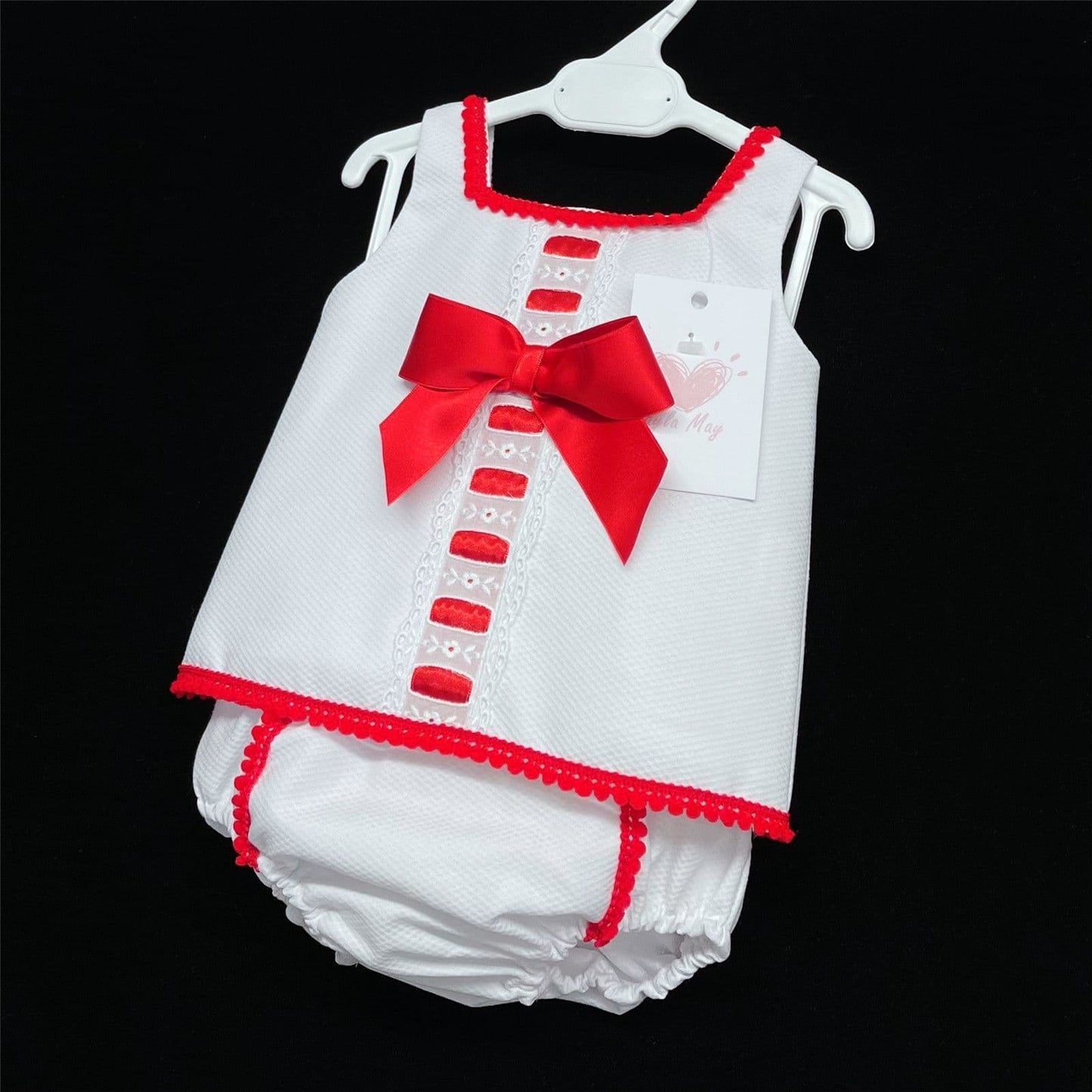 *SALE* White Waffle Red Satin Bow Dress with Pants "LM013 Red"