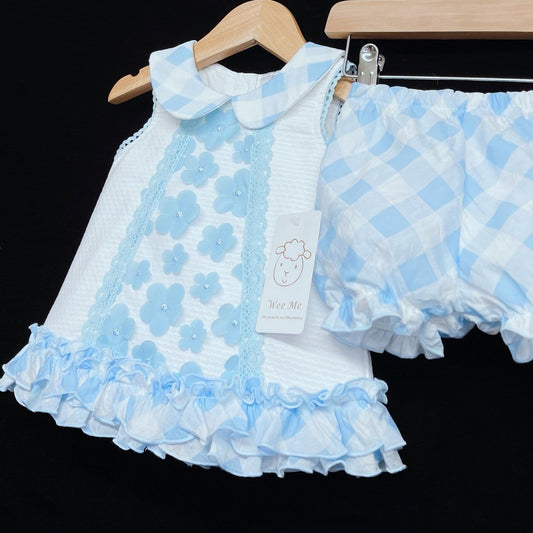 Waffle Dress Blue Organza Flower Details with Knickers "2359B"