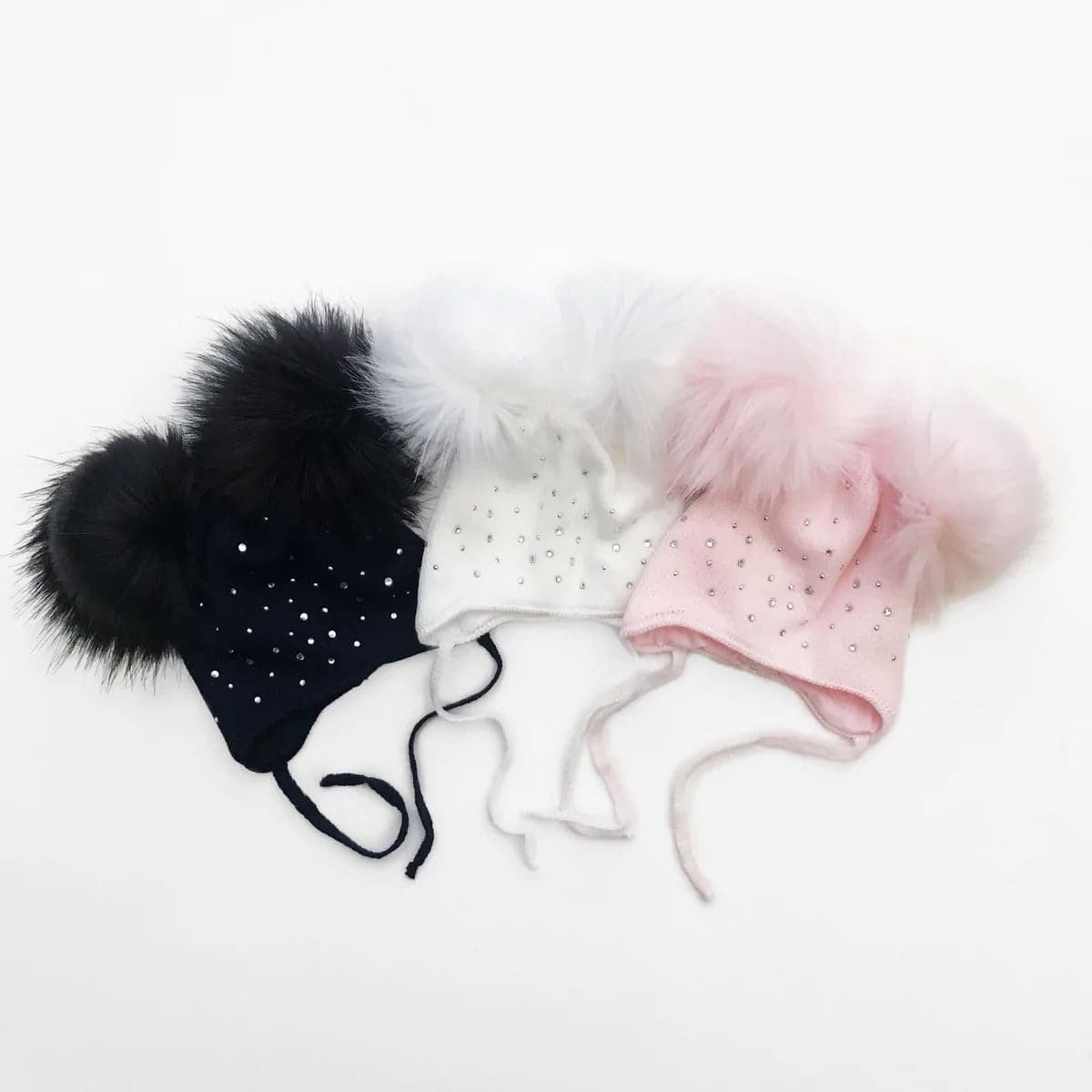 White Double Fur Pom Hat with Tie and Diamantes - Double Thickness