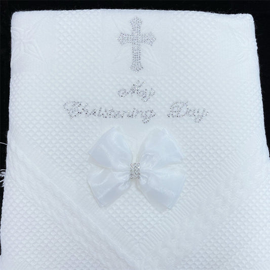 White Diamante Bow Baby Shawl