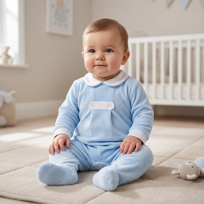 Baby Boys Blue Velour Button Collar Bodysuit