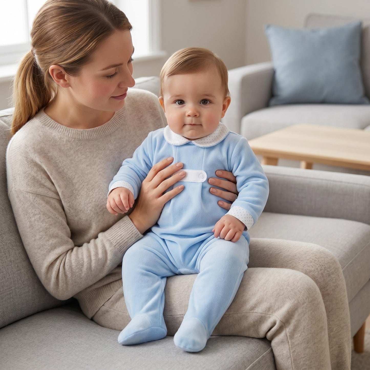 Baby Boys Blue Velour Button Collar Bodysuit