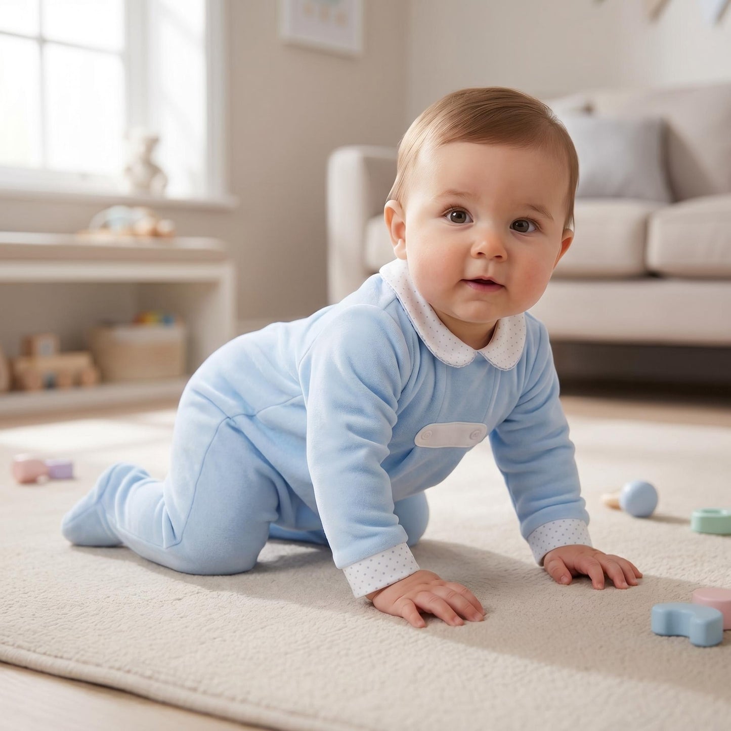 Baby Boys Blue Velour Button Collar Bodysuit