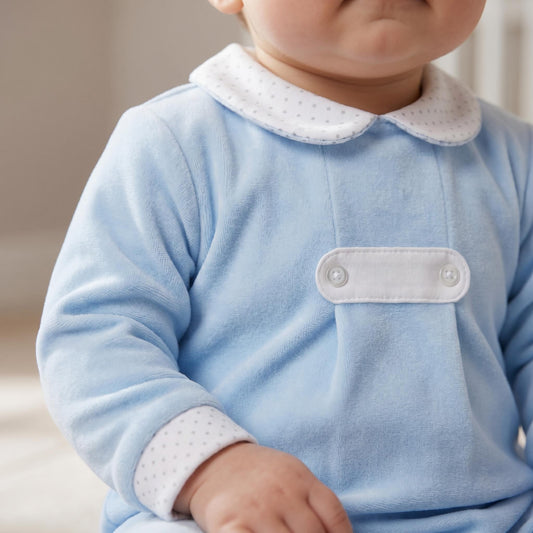 Baby Boys Blue Velour Button Collar Bodysuit