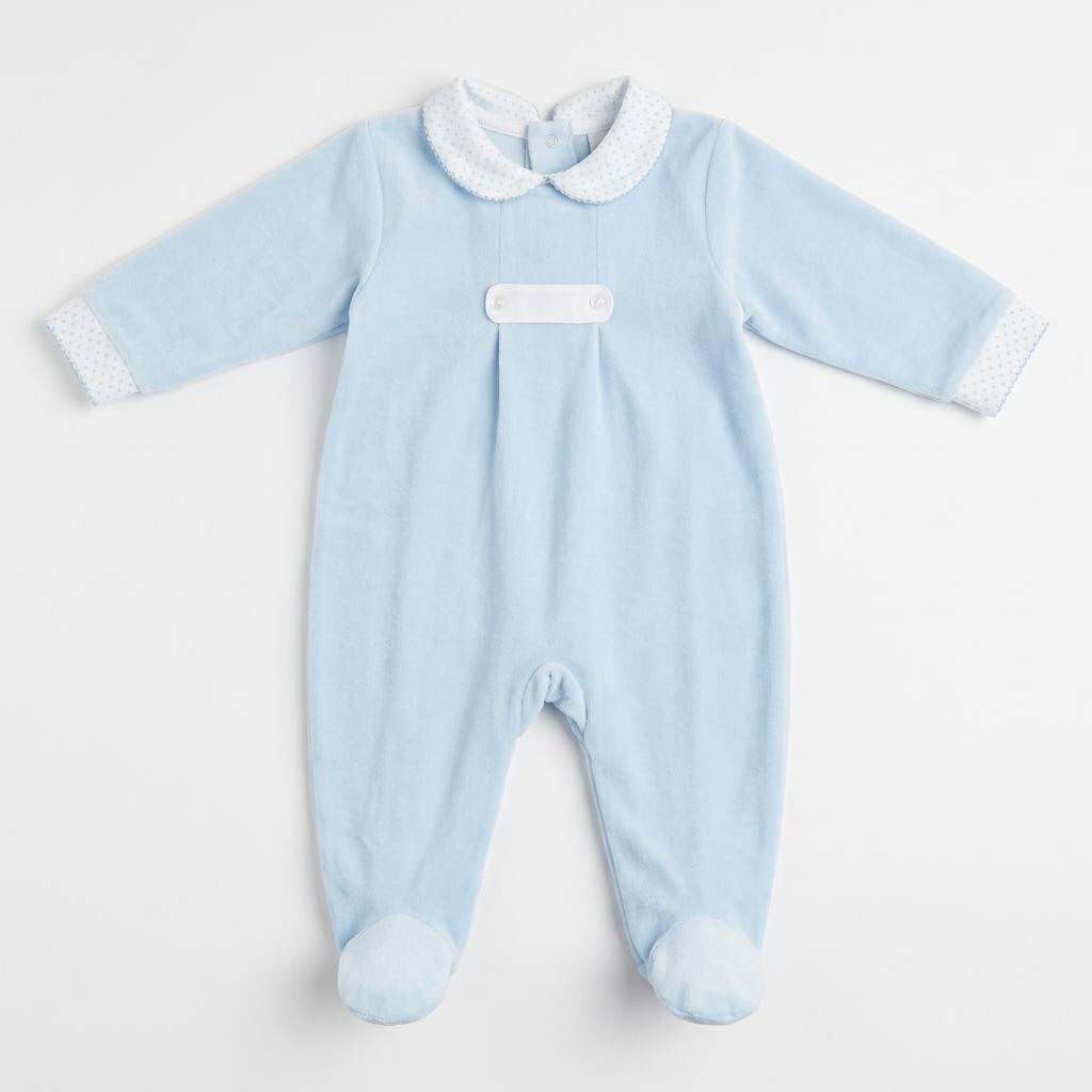 Baby Boys Blue Velour Button Collar Bodysuit
